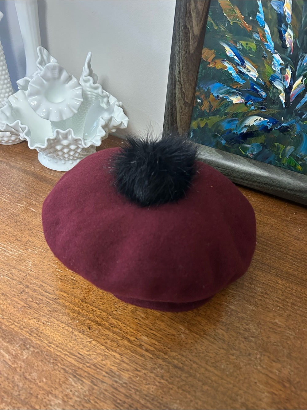 PARKHURST Canada 100% Wool Beret Hat with Faux Fur Pom Pom Burgundy Maroon